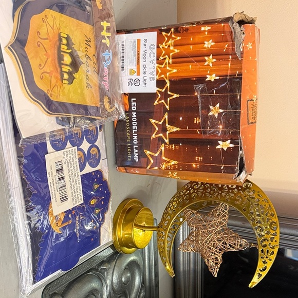 Ramadan Eid Decorations Set Crescent Moon Lamp with Star LED Lights Cards Banner - Picture 2 of 12